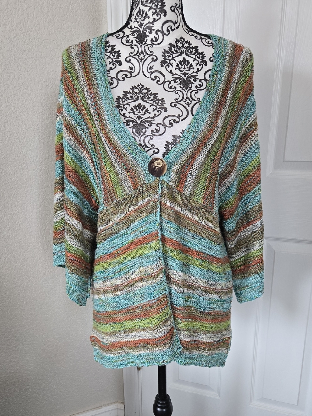 Coldwater Creek Multicolor Striped V-Neck Button Cardigan - Aqua, Green, Brown